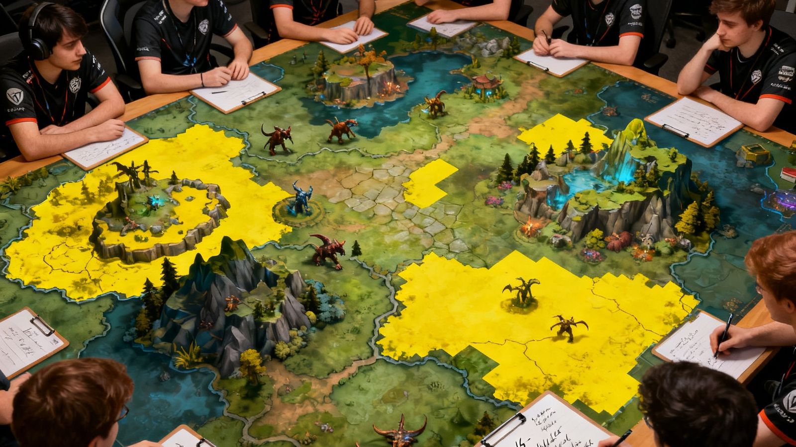 DOTA2最新版本7.36地图改动俯瞰视角，新增加的野怪营地与地形变化用高亮标注，职业选手在训练室研究新版本